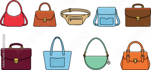 Colorful Collection Of Various Handbag Styles Vector Illustration Set Including Tote Shoulder Bag Briefcase Fanny Pack And Satchel Designs