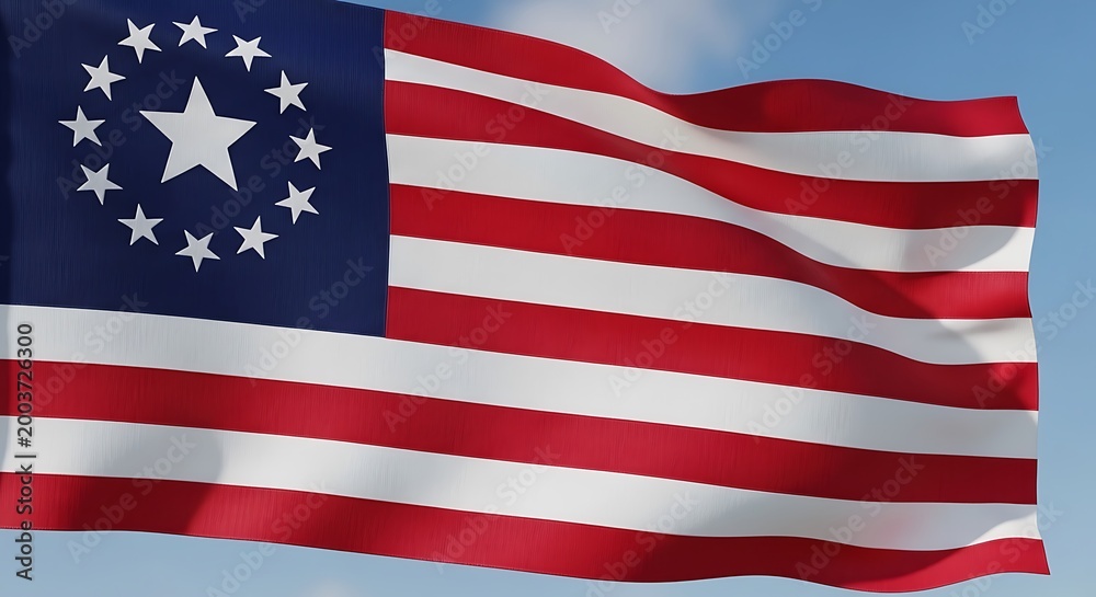 Obraz premium Historical betsy ross american flag with thirteen stars waving against a clear blue sky. 13 colonies flag
