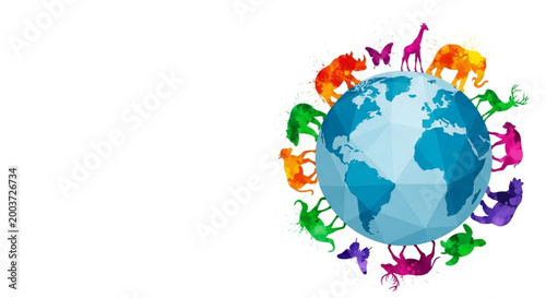 World Biological Diversity Day Vibrant polygonal Earth globe surrounded by a diverse array of colorful watercolor animal silhouettes, symbolizing global wildlife, biodiversity, and ecological harmony