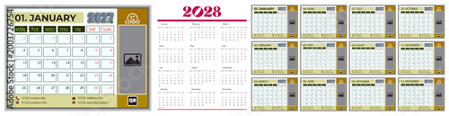 Vector 2027 calendar illustration. Fully editable Vector Professional English calendar for the year of 2027 and 2028 and week start from Monday. Calendar year of 27 and 28