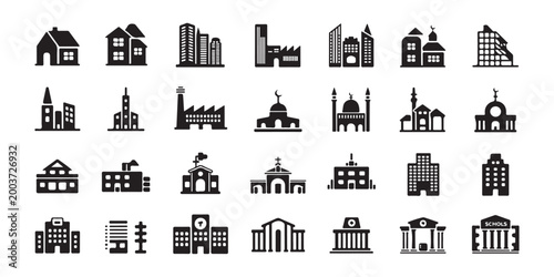 Set of diverse city and religious building icons, including homes, factories, and places of worship symbols.