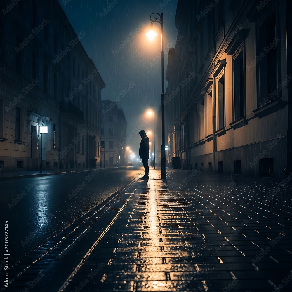Obraz premium Lonely person standing on a rainy city street at night under a street lamp.