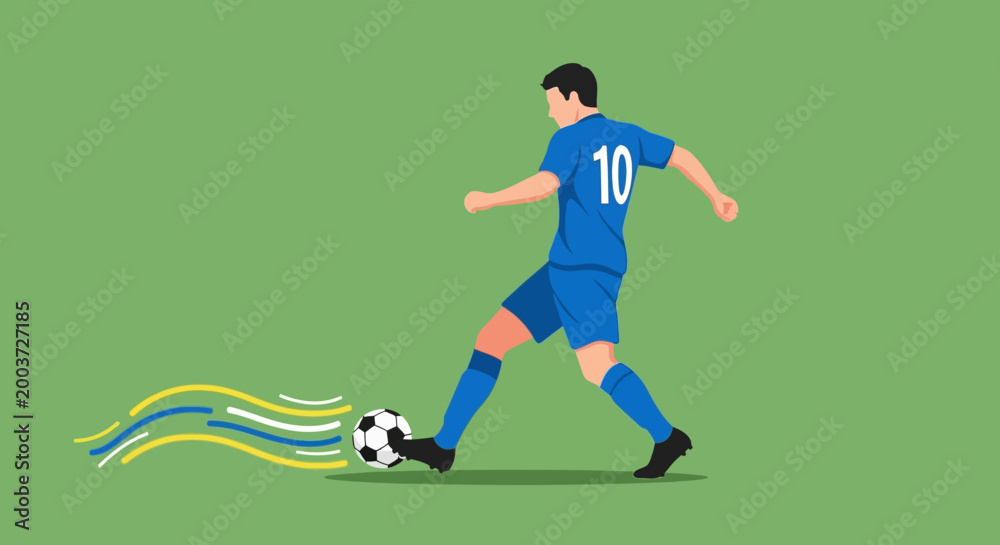 Obraz premium Energetic illustration of a male soccer player powerfully kicking a football with motion lines, depicting speed and athleticism in a dynamic pose against a simple green background
