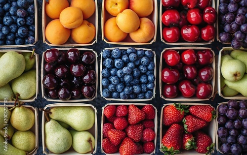 Flat lay of fresh organic berries and assorted fruits in wooden punnets