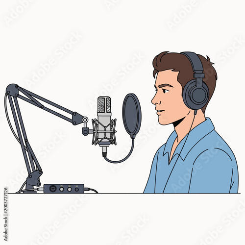 Young man podcasting with microphone and headphones, recording audio in studio.