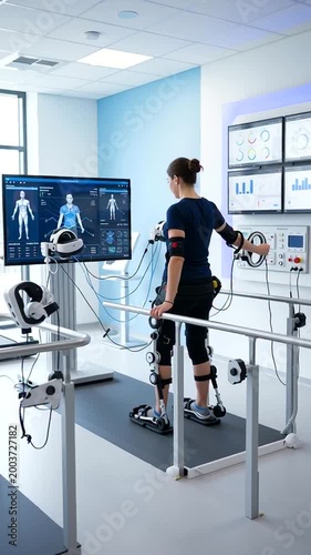 Man Using Advanced Rehabilitation Equipment in Lab.