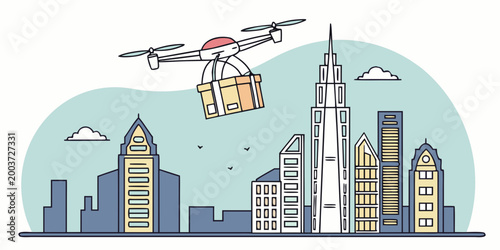 Drone delivering a package over a cityscape skyline with cargo drone delivery logistics transportation technology shipping innovation business automated commercial buildings architecture