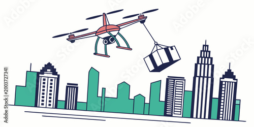 Autonomous drone carrying a package above urban buildings with fast shipping drone delivery automated logistics delivery logistics transportation technology shipping innovation business