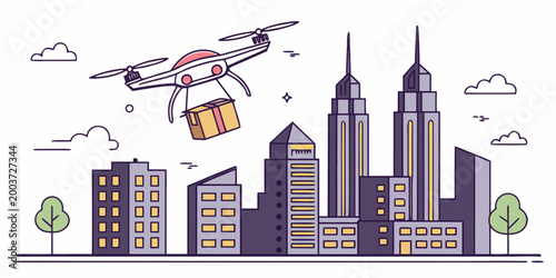 Futuristic drone delivery concept over modern city skyline with fast shipping delivery logistics transportation technology shipping innovation business automated commercial buildings