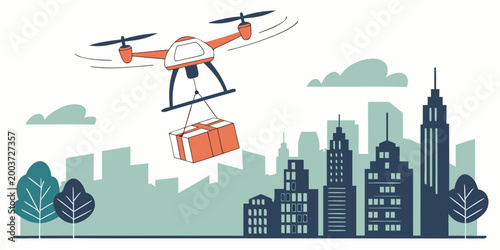 Drone flying over a city delivering a package with delivery logistics transportation technology shipping innovation business automated commercial buildings architecture infrastructure