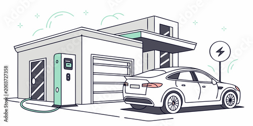 Modern sustainable home garage electric car charging station with zero emission charging port sustainable energy electric vehicle environmentally friendly electric power sustainable future