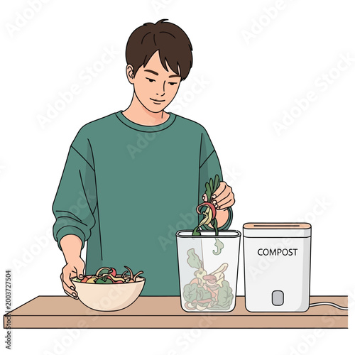 Man composting food scraps using kitchen composter for organic waste management.