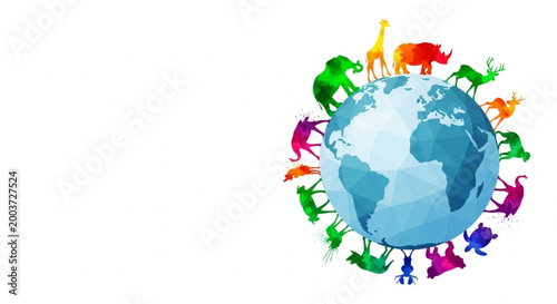 World Biological Diversity Day diverse wild animals encircling a polygonal Earth globe, symbolizing global biodiversity, conservation, and interconnectedness on our planet