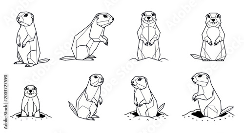 Konstfotografi Cute Geometric Prairie Dog Illustrations Set - Standing, Sitting, in Burrow