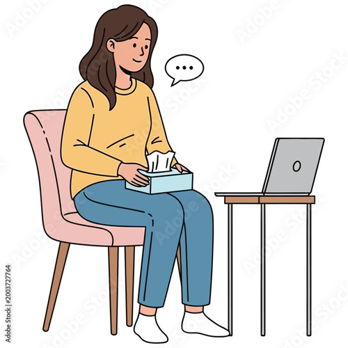 Woman with laptop and box of tissues, virtual meeting or therapy session.