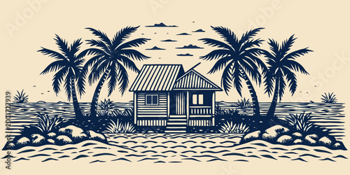 tropical beach hut illustration with palm trees and ocean view