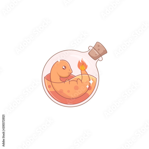 Cute Baby Fire Dragon in a Magic Bottle Illustration