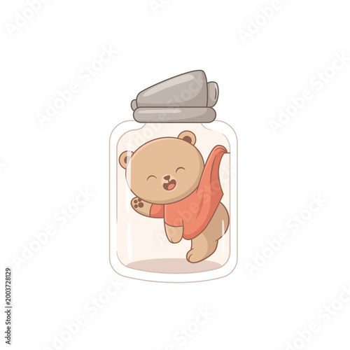 Cute Bear Character in a Jar Wearing Red Shirt Illustration