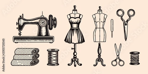 vintage sewing equipment illustration with dress form and scissors