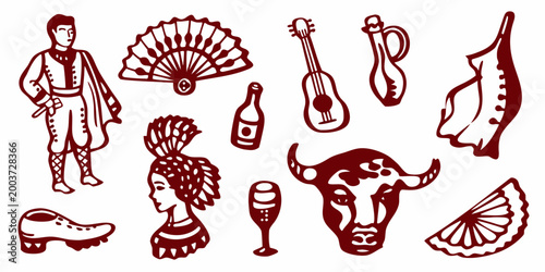 spanish culture icons and symbols hand drawn style illustration