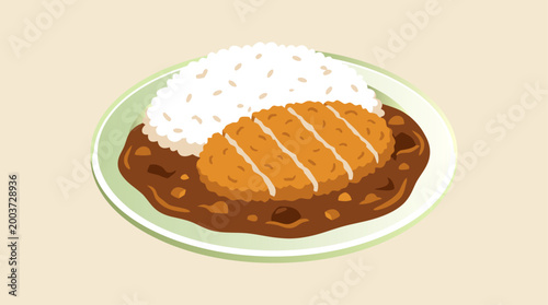 A perfectly crispy, golden-brown, sliced breaded cutlet rests atop a generous mound of fluffy, white rice, surrounded by a rich, savory, dark brown Japanese curry sauce pooling on a pastel green plate