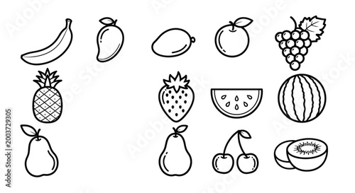 Black and white fruit icons vector illustrations for design and decor