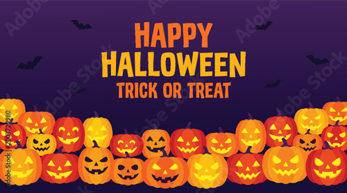 Festive Halloween background featuring various carved glowing jack-o'-lanterns and bats under a purple sky with trick or treat text.