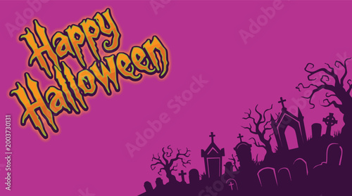 Spooky Happy Halloween greeting card illustration featuring a dark graveyard silhouette against a vibrant magenta background.