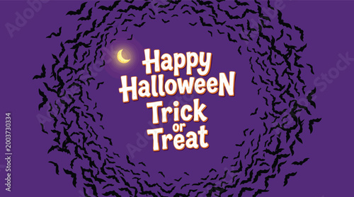 Happy Halloween Trick or Treat message centered in a swirl of black bat silhouettes on a purple background with a crescent moon.