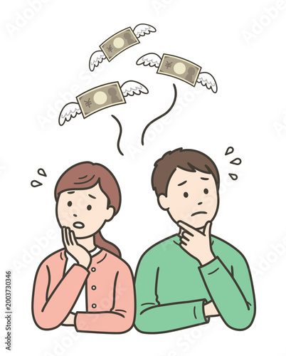 お金に羽根が生えて飛んでいってしまい焦っている若い夫婦
