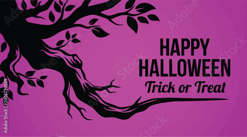 Spooky Halloween illustration featuring a black gnarled tree silhouette against a vibrant purple background with happy halloween trick or treat text.