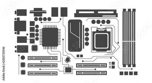 Detailed schematic illustration of a computer motherboard with various components and circuit traces.