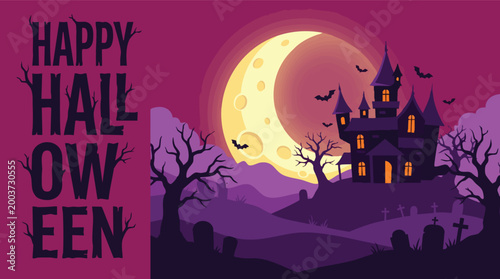 Spooky purple Halloween illustration featuring a haunted castle in a cemetery under a large glowing crescent moon with bats and greeting text.