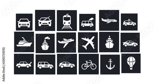 Collection of various transportation icons on black background.