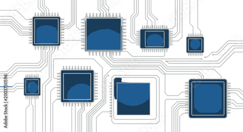 Abstract illustration of interconnected blue microchips on a white circuit board background, representing modern technology and computing.