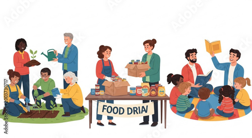 Diverse group of volunteers doing community service and food drive work