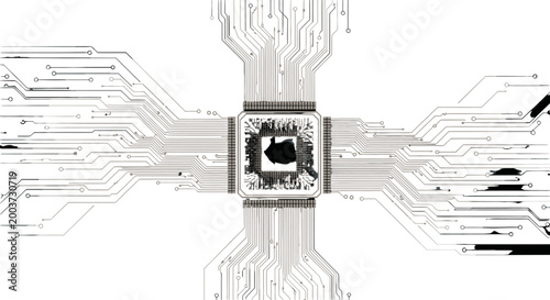 Abstract digital circuit board design with a central processing unit and intricate data pathways, symbolizing technology and connectivity.