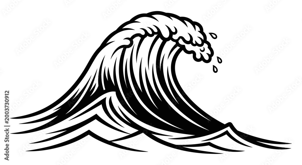 Obraz premium Dramatic monochrome illustration of ocean wave breaking with crashing water