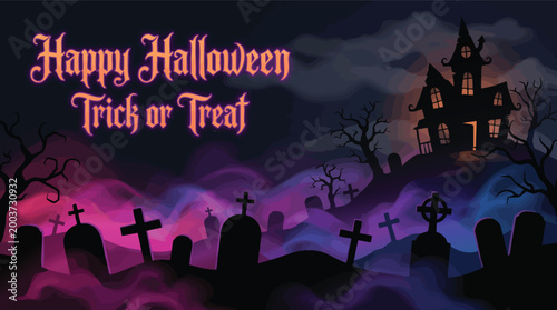 Spooky Halloween background featuring a haunted house on a hill and a misty graveyard with tombstone silhouettes and decorative holiday text.