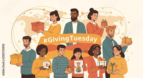 Diverse people holding gift boxes for Giving Tuesday celebration