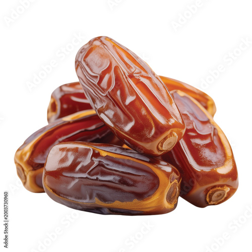 A small pile of sweet Medjool dates with glossy skins is ready for eating on a white background