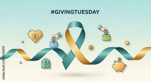 Teal and gold ribbon with donation icons for Giving Tuesday event