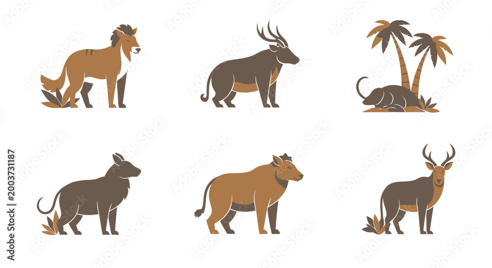 Fototapeta premium Stylized animal illustrations set on white background for various design projects