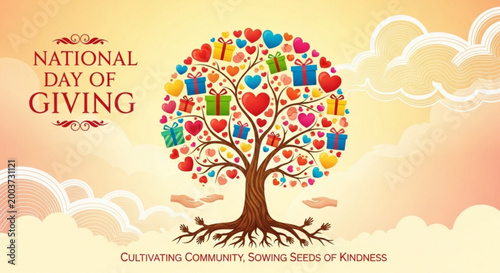 National Day of Giving tree with hearts and gift box illustrations