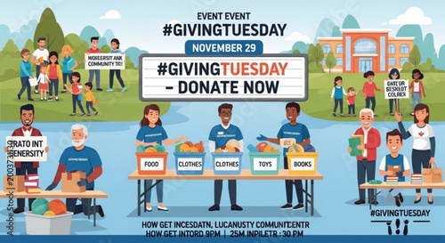 Community members donating goods for GivingTuesday event illustration
