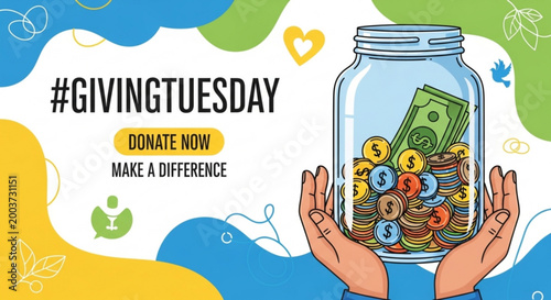 Hands holding glass jar filled with money for GivingTuesday donation