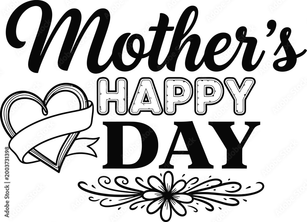 Obraz premium Mother s day lettering with heart and floral ornament black and white