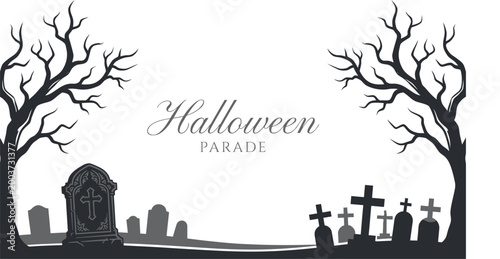 halloween graveyard scene with bare trees vector illustration on white