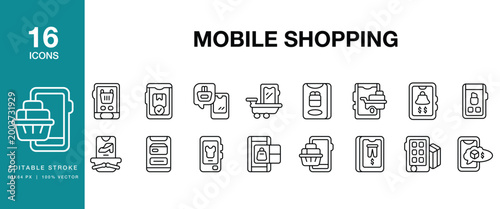 Mobile Shopping icon set. Includes mobile, shopping, e commerce, online, store, retail, app and More. Editable Stroke Icon Collection.