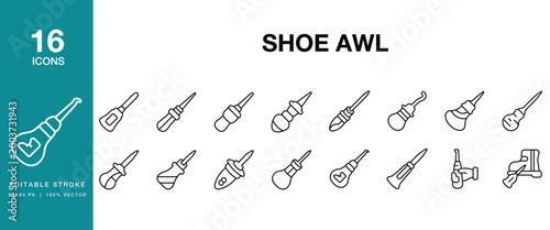 Shoe Awl icon set. Includes awl, shoe, cobbler, leather, stitching, hole, puncture and More. Editable Stroke Icon Collection.